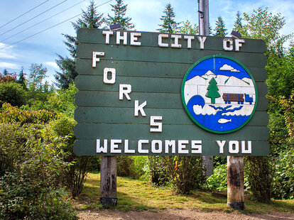 Welcome sign of Forks, Washington.