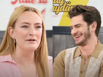 A screen cap of Amelia Dimoldenberg and Andrew Garfield during Chicken Shop Date