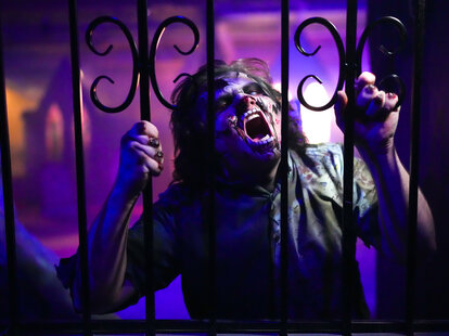 a lady dressed as a haunted house character, screaming