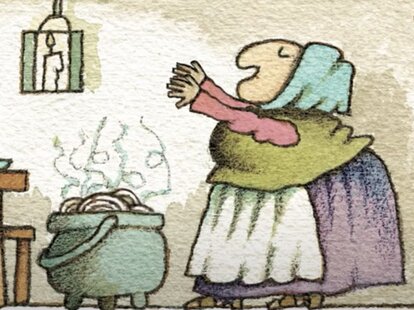 An illustration of the story book character Strega Nona by Tomie de Paola.