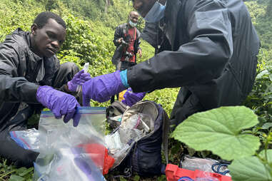 gorilla doctor preparing supplies in the forest