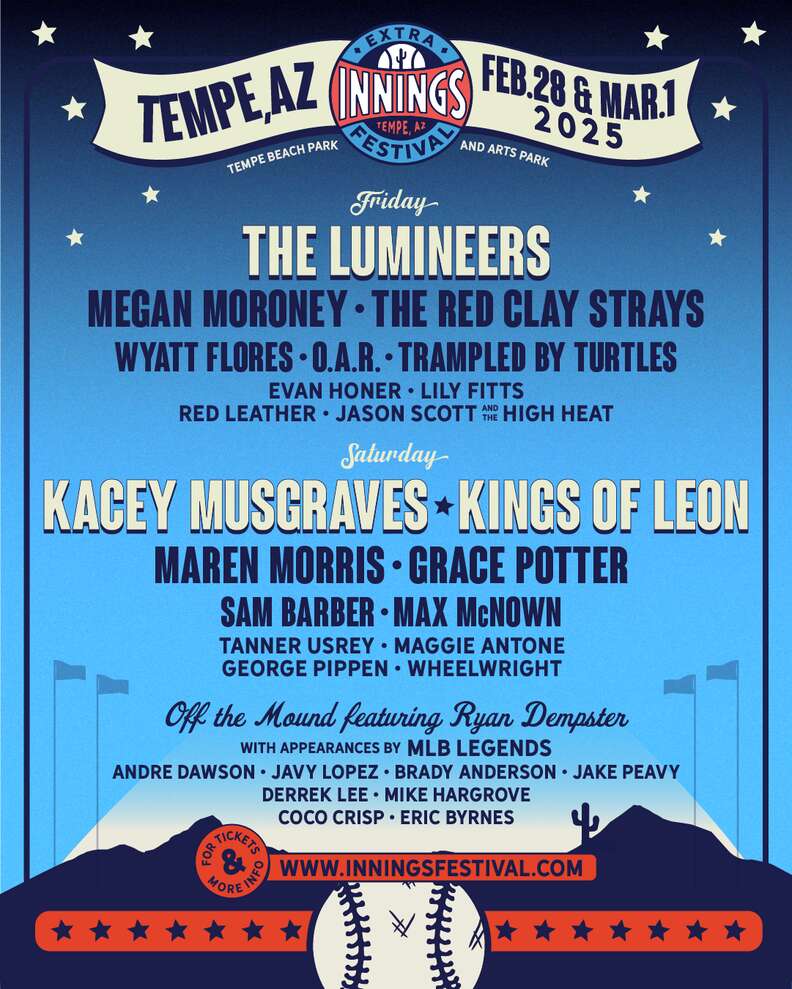 A festival lineup showing the headliners and other performers of the Extra Innings Festival