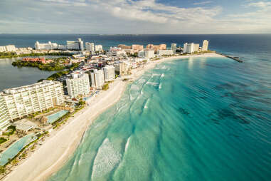 Cancun mexico aerial shot with turquoise waters 