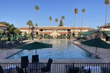 swimming pool at harris ranch of the 5 freeway in the central valley of california