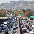 congested traffic on highway 101 in silver lake in los angeles for thanksgiving weekend travel