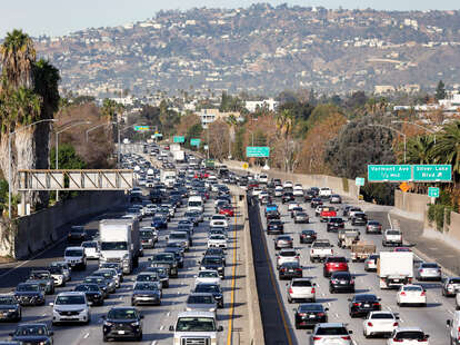 congested traffic on highway 101 in silver lake in los angeles for thanksgiving weekend travel