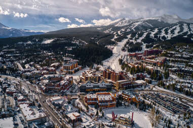 breckenridge skyline at dusk, with snowy mountains in background