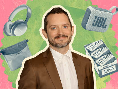 A collage featuring Elijah Wood and some of his product travel essentials. 