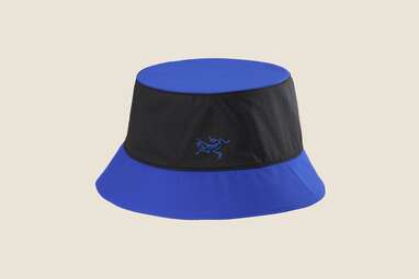 A blue and black bucket hat.