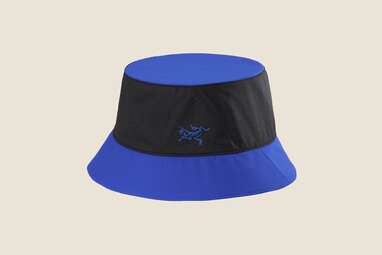 A blue and black bucket hat. 