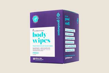 A purple box of body wipes. 