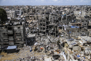 An aerial view of the destruction of Jabalia refugee camp following Israeli attacks, as hundreds of thousands of Palestinians continue to be forcibly displaced across the Gaza Strip.