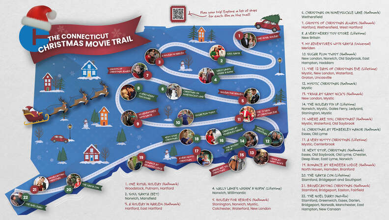 A map detailing the locations of the various filming locations for popular christmas movies.