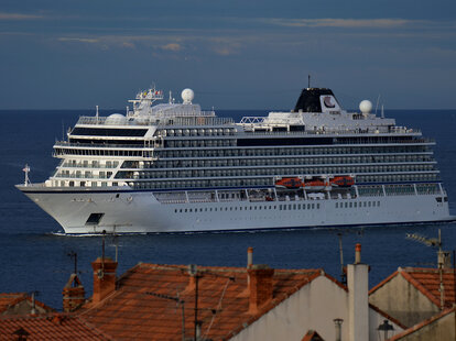The passenger cruise ship Viking Jupiter arrives at the French Mediterranean port of Marseille.