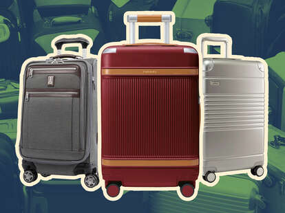 A collage of Samsonite and Delsey roller luggage, over green and blue background.