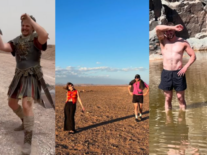 Photos of Paul Mescal and Pedro Pascal behind the scenes of filming Gladiator II in Morocco.