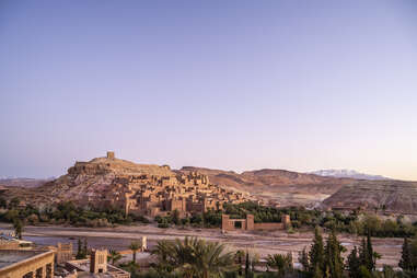 View of the kasbah of Aït Benhaddou at sunrise.