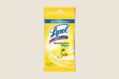 A yellow pack of travel-sized Lysol wipes