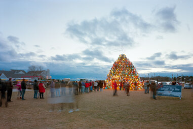 lobster trap christmas tree on the beach in stonington connecticut