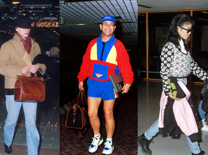 A collage of Julia Roberts, Elton John, and Janet Jackson at the airport in the 1990s.