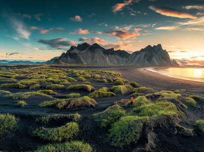 Beautiful landscape of sunrise over Vestrahorn mountain with clump of grass on black sand beach in Stokksnes peninsula on the southeastern at Iceland.