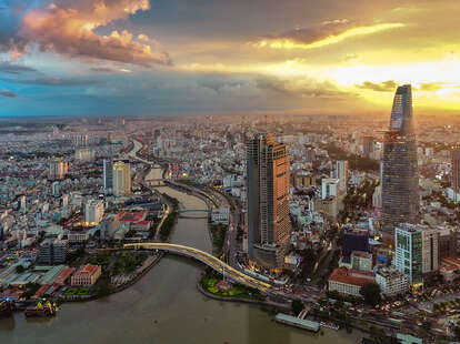 Beautiful sunset of Saigon skyline, aerial view of Business and Administrative District