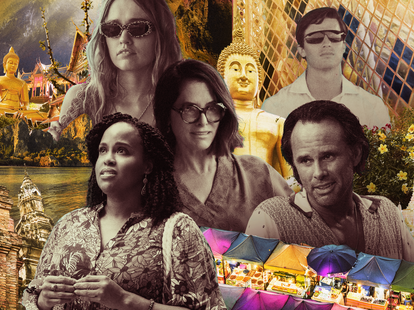 photo collage of scenes from HBO’s The White Lotus tv show, including main characters from the upcoming season in Thailand