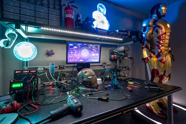 an iron man-themed work bench in a vacation rental near disneyland outside of los angeles