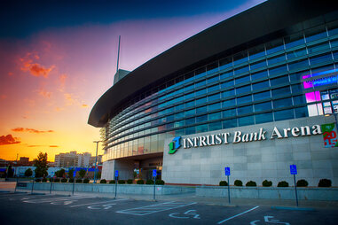 The Intrust Bank Stadium photographed as the sun sets behind it.