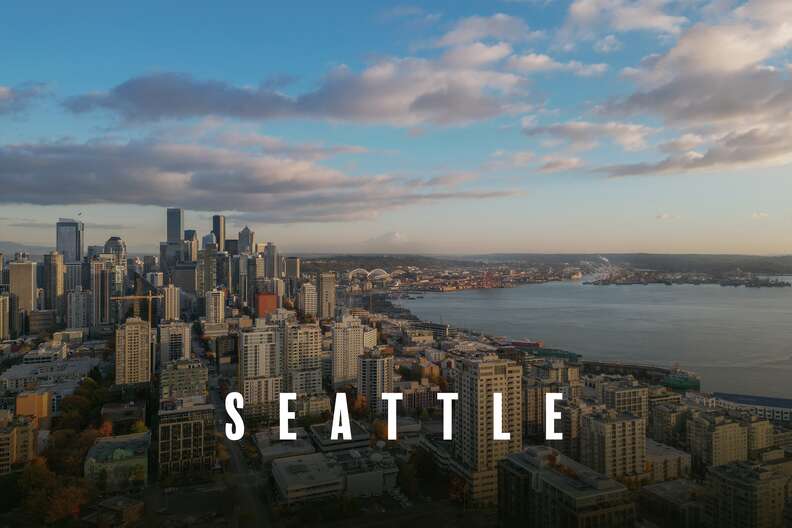 Seattle skyline along the coast on a partly cloudy day