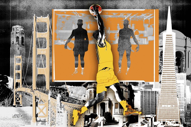 collage of san francisco landmarks like the golden gate bridge and transamerica pyramid with basketball themes including a dunking player