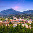 downtown and college campus in Eugene Oregon set among pine trees and hills