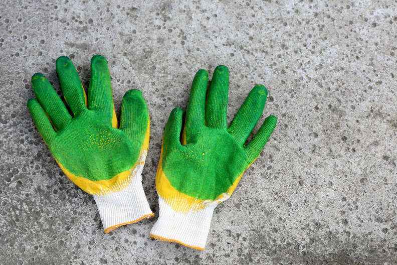 Mila's glove collection on front porch