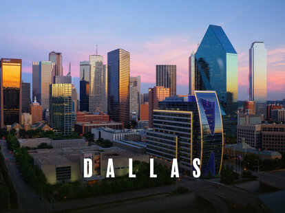 dallas skyline at dusk feauting skyscrapers downtown in front of a pinkish sunset