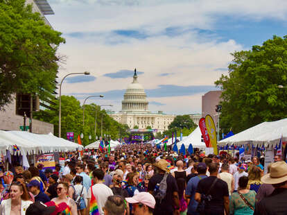 A crowd of people celebrates Pride in front of the Capitol building in Washington, D.C..