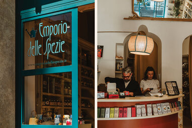 A side by side image of a glass doorway and a man and a woman working behind a counter.
