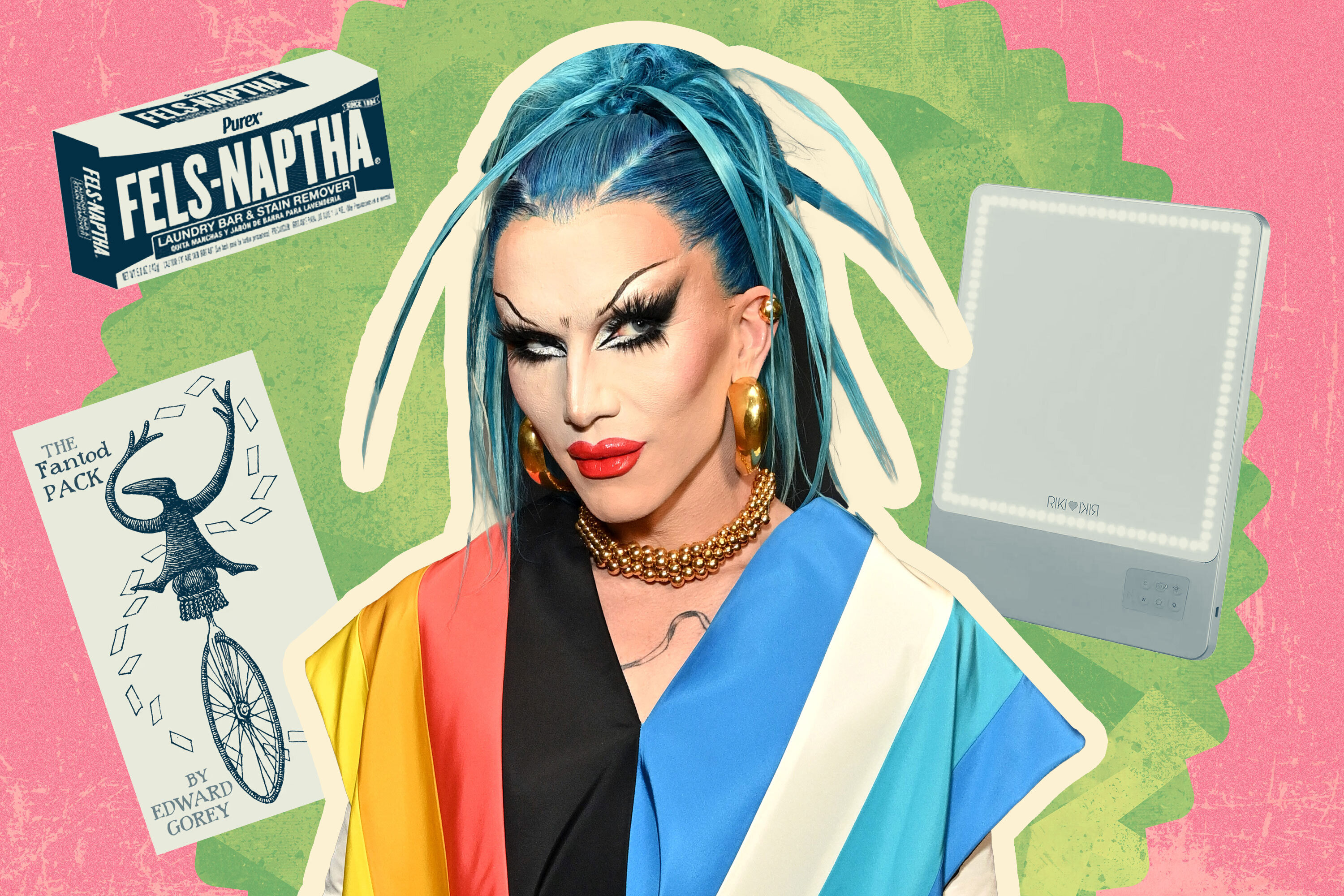 a photo collage of drag queen sasha velour with several of her best travel essentials including soap and a mirror