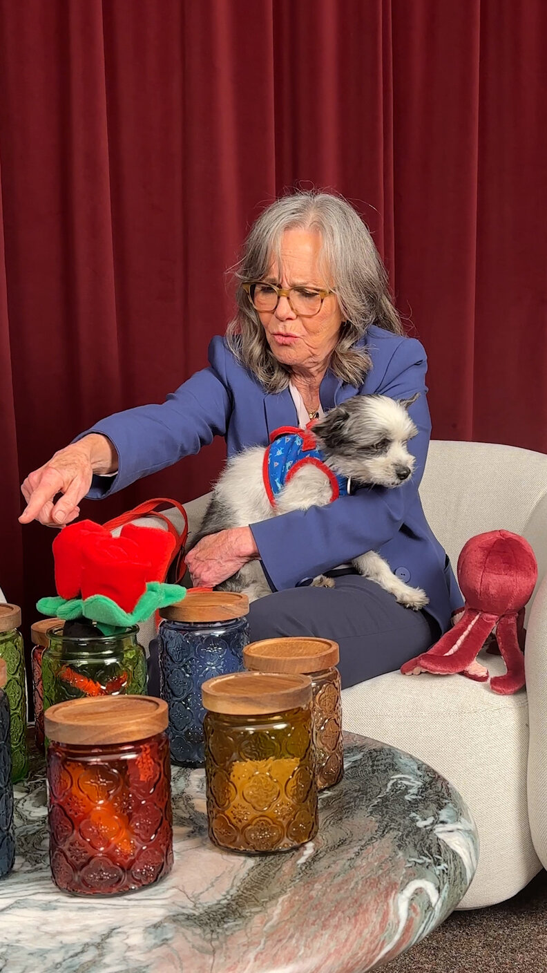 サリー・フィールドが犬を抱いている