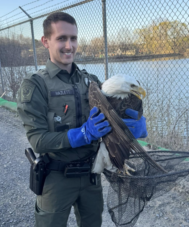 police officer holding eagle 