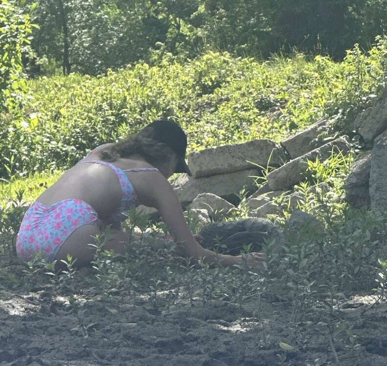 girl saving goose near river