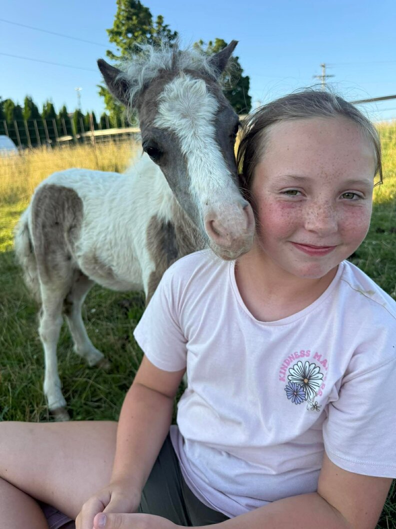 baby horse cuddling girl