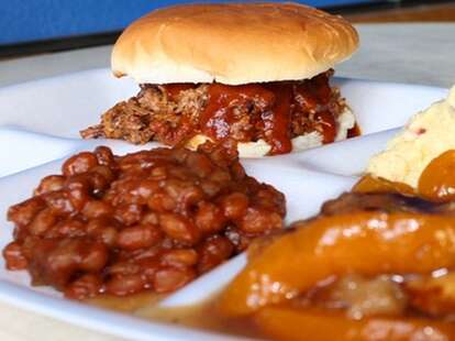 BBQ sandwich with side of baked beans
