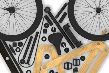 Aerial view of Sandwichbike parts and tools