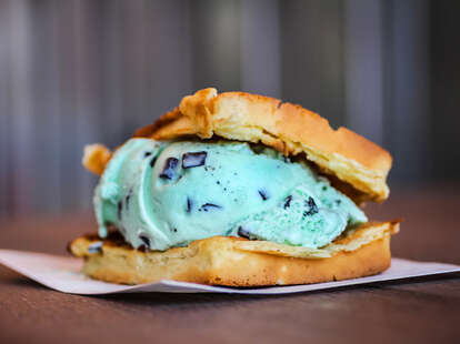 Waffle and Mint Chocolate Chip ice cream sandwich at The Baked Bear in San Diego.