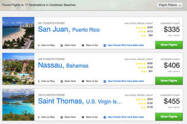GetGoing's search results for Caribbean flight options