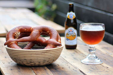Beer and pretzel outside at Bronwyn