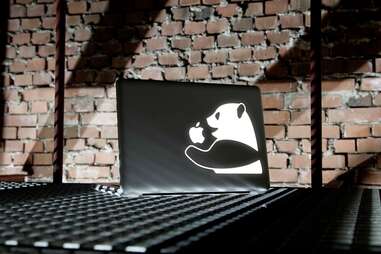 Macbook with a panda eating an apple