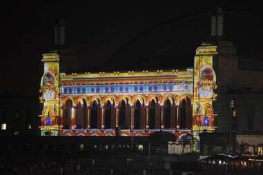 The Duality light show on the facade of Boardwalk Hall in Atlantic City