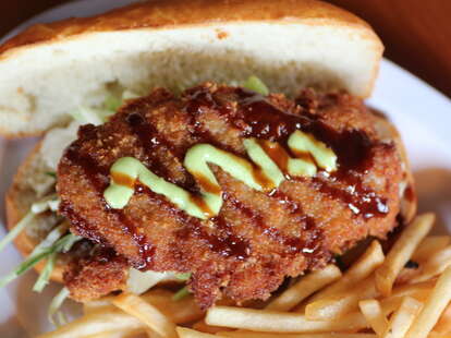 A sandwich at Kitchen Mojo with panko-crusted chicken