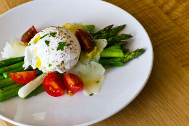 Saltyard - poached farm egg over asparagus and heirloom tomatoes w/ pecorino